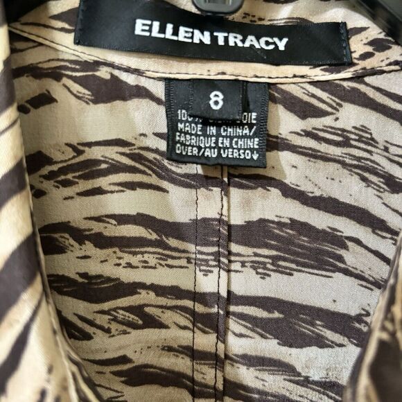 Ellen Tracy Shirt Dress 8 Multicolor Safari Silk Button Midi Roll Tab Sleeves - Picture 7 of 9